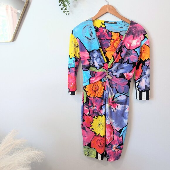 Roberto Cavalli beautiful colorful Sheath dress with gorgeous snake brooch